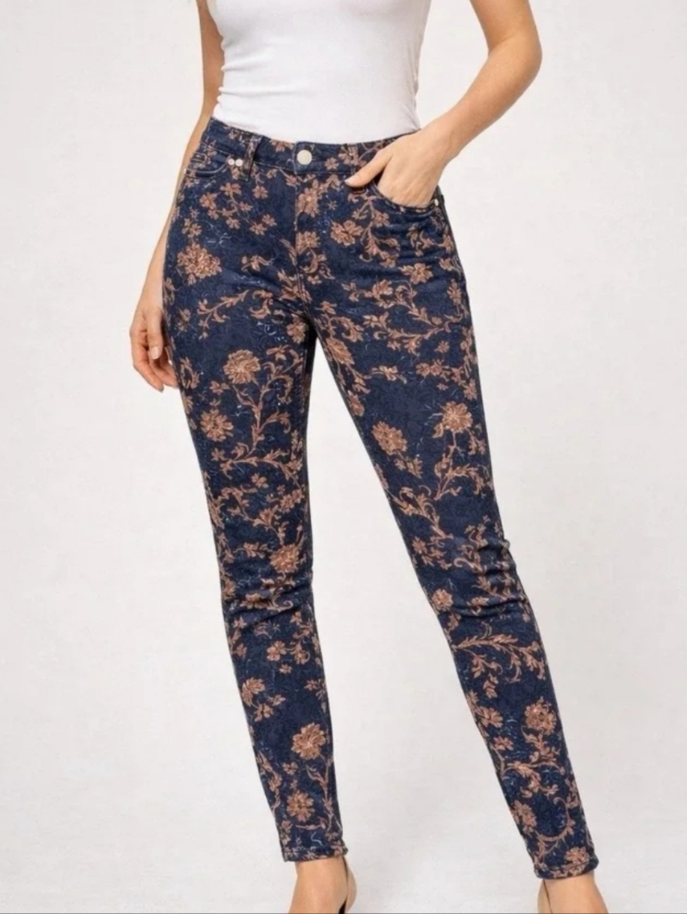 Seven7 Women's Pants Corduroy Floral Print Navy Blue High-Rise Skinny Size 12